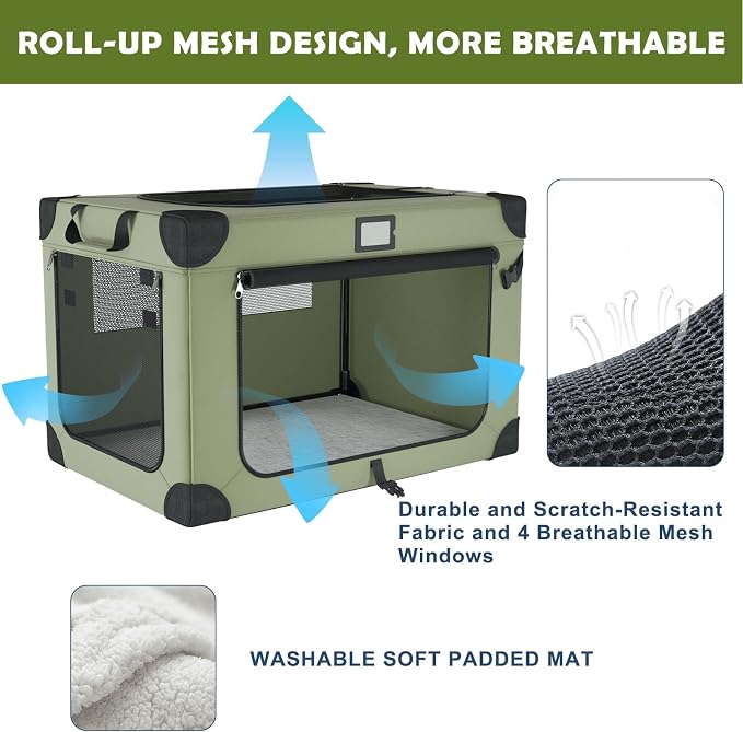 42 Inch Travel Collapsible Dog Crate Green with Signature Card，Storage Bag | Chew-Proof Mesh Window,Sturdy Frame,Soft Blanket & Foldable Bowl,Waterproof & Easy to Clean,Portable for Camping，Mesh Windows
