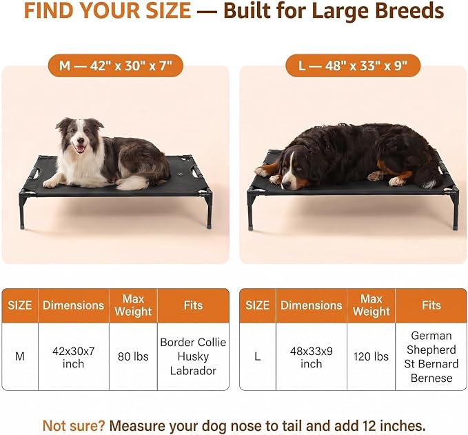 Petsfit 48 Inch Elevated Dog Bed for Large Dogs, Patented Anti-Sag Cot | Patented anti-sag tension bar, cooling Teslin mesh, dual support straps, tool-free setup and non-slip feet; up to 120 lb.