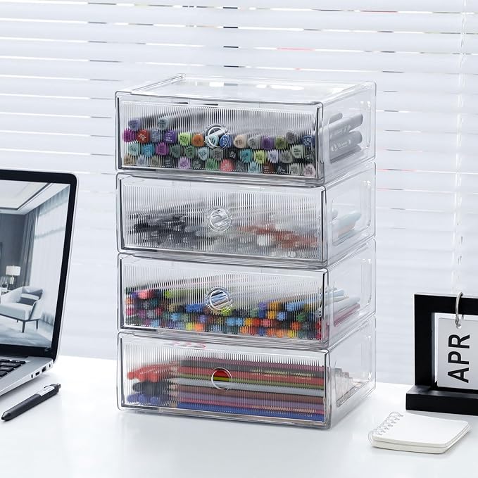 Clear Desk Drawer Organizers, 4 Drawers, Plastic | Stackable Desk Organizers and Accessories, For Marker Pen, Pencils, Stationery, For Home Office, Bathroom, Kitchen