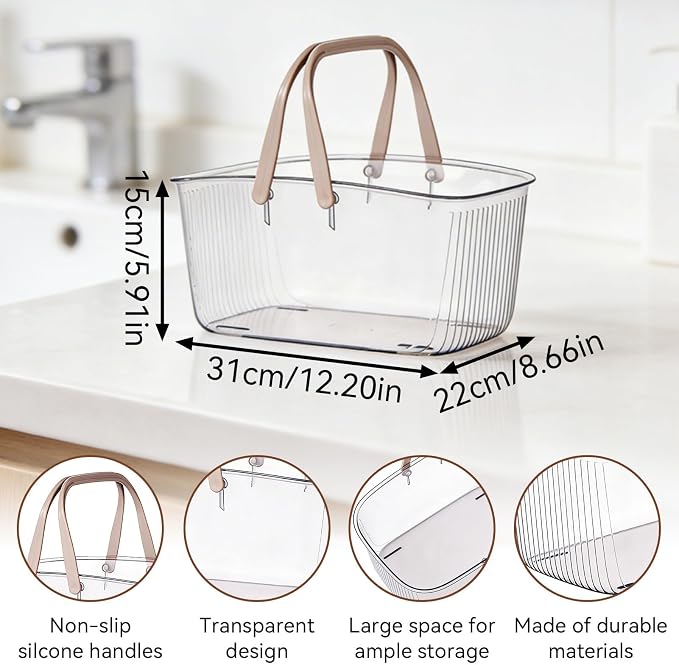 HERCHR Plastic Shower Caddy Basket, Shower Caddy Portable Plastic Shower Caddy with Handle and Drain Holes Clear Bathroom Caddy Organizer for Bathroom Kitchen College Dorm