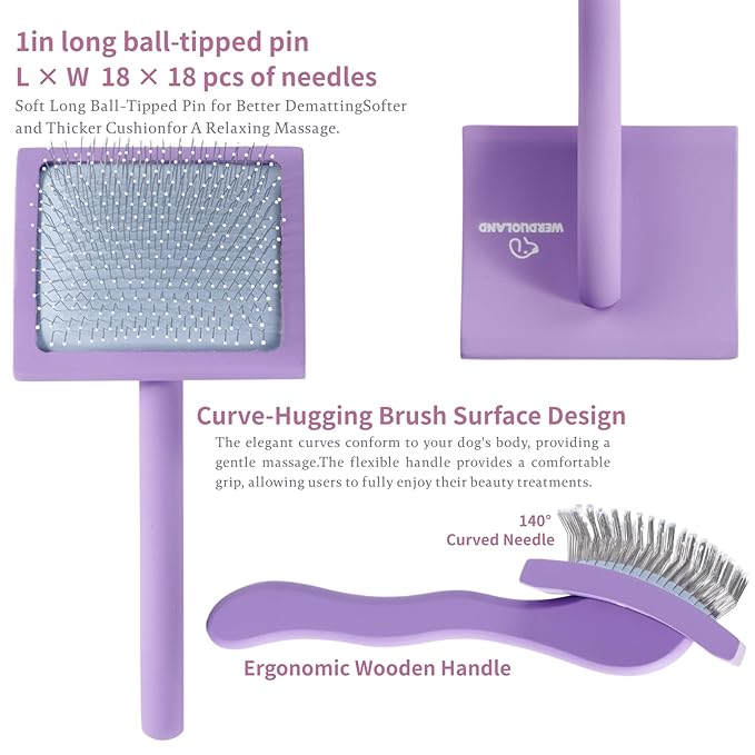 Gently Grooming Slicker Brush with Coated Tips for Long-Haired Dogs-Ergonomic Wooden Handle, Long Pins for Grooming Goldendoodles Poodles Purple