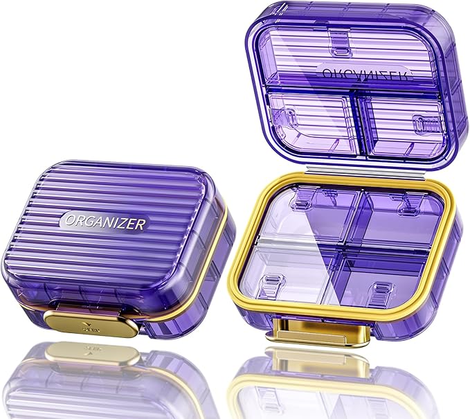 Acedada Small Pill Box, Travel Pill Organizer for Purse, Purple | 7-Compartment Moistureproof Pill Case, Daily Pill Container, Portable Medicine & Vitamin Holder for Fish Oil & Supplements