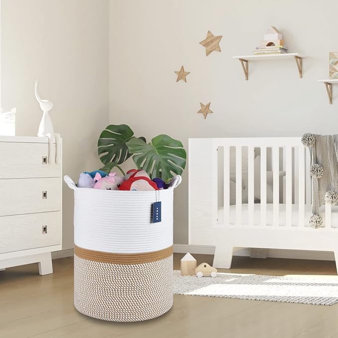 COMSE Tall Woven Blanket & Laundry Basket, 72L, Blend White & Camel | 15.7”x 21.7”, Cotton Rope, Large Nursery Hamper for Storage of Toys Clothes Towels, Great for Living Rooms Bedrooms Bathrooms