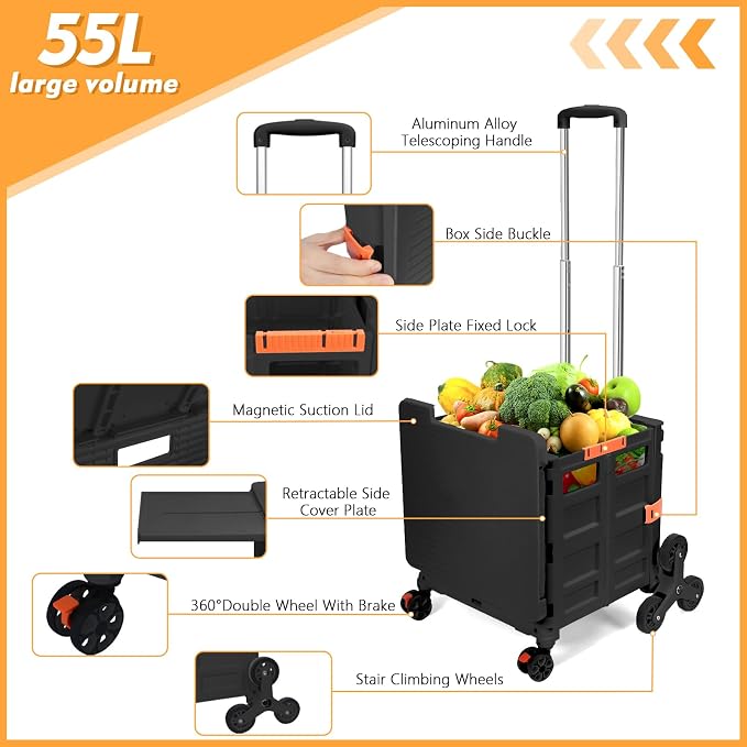 Foldable Utility Cart with Stair Climbing Wheels,Collapsible Rolling Crate with Magnetic Lid Telescopic Cover,Telescoping Handle,360° Rotate Wheel Hand Cart for Teacher Shopping Moving Grocery(Black)