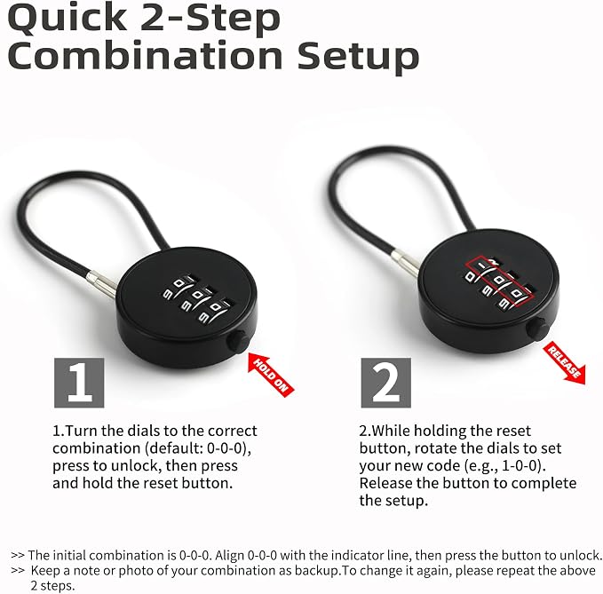 Small Combination Padlock with 5.12 Inch Steel Cable, 3 Digit Combination Lock for Locker, Luggage, Backpack, Mini Combo Padlock, Short Cable Lock with Code for Suitcase, Cabinet, Toolbox