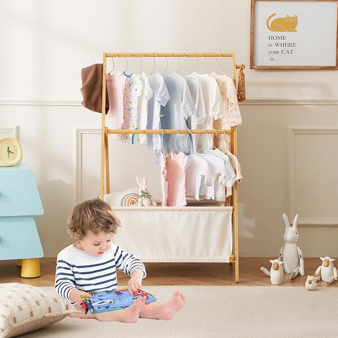 Baveke Montessori Bamboo Clothing Rack for Toddlers - Foldable Kids Wardrobe Organizer with Storage Basket, Nursery Clothes Storage Rack for Small Spaces, Sustainable & Easy Assembly