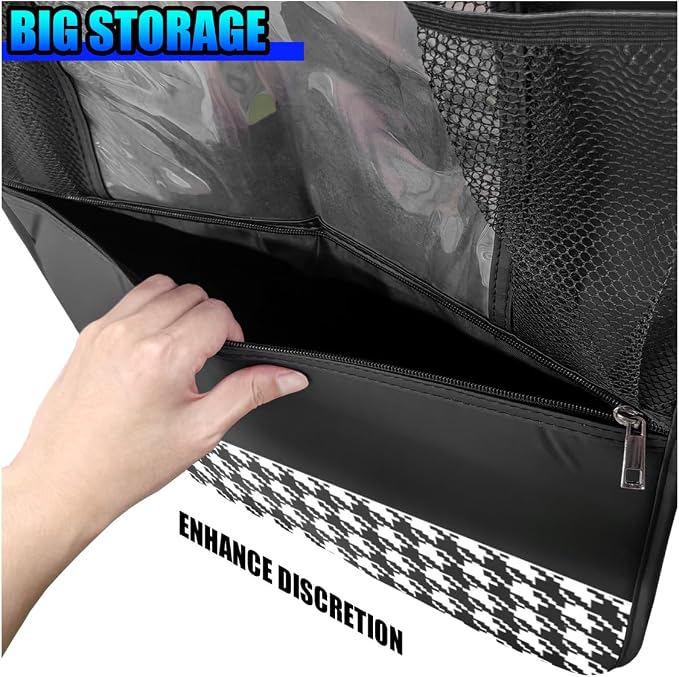 Car Kick Mats Back Seat Protector, Multifunctional Leather Car Rear Seat Hanging Storage Bag, Easy-to-Clean Auto Interior Backseat Organizer Accessory for SUVs, Trucks, Cars (Grid)