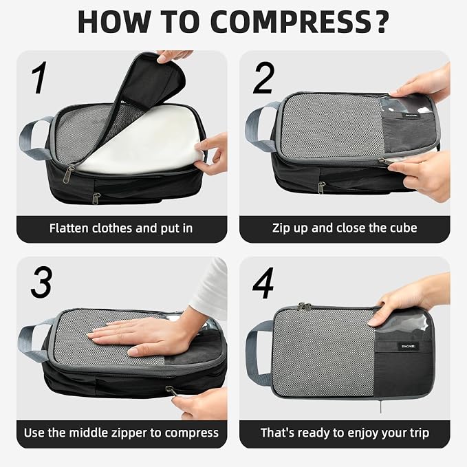 BAGAIL Lightweight Compression Packing Cubes for Travel, 6 Set, Dark Grey | Salis Nylon Fabric,Anti-Tearing,Save Space,SBS Zippers,Packing List,PVC Tag Pocket,Custom Labels,Visible Mesh,Portable Handel
