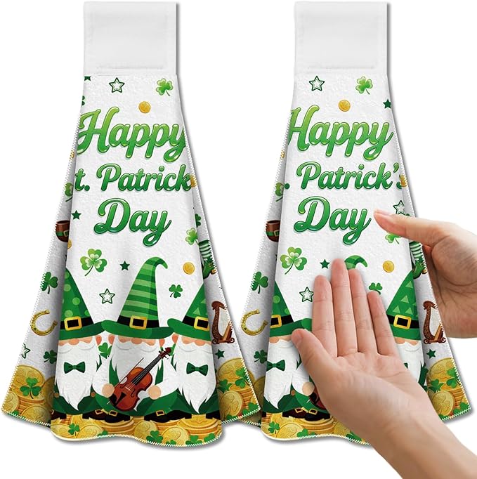 CUTHOLLOW St. Patrick's Gnomes Hanging Kitchen Towels with Loop, Set of 2 - Soft & Super Absorbent Microfiber Decorative Hanging Dish & Hand Towel, Tea, Coffee Towel for Kitchen Bathroom Oven Handle