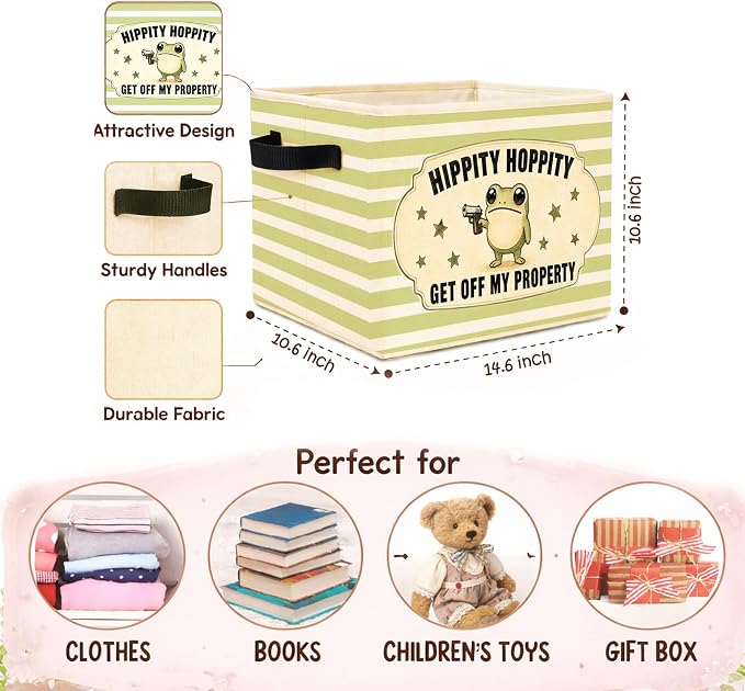 Funny Frog Green Stripe Foldable Fabric Storage Bin | Hippity Hoppity frog design; foldable fabric storage bin for bedroom, dorm, closet, toys, books, or clothes.