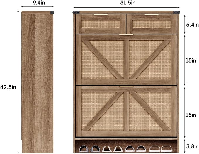 Halitaa Shoe Cabinet with 2 Flip Drawers & 2 Drawers,Farmhouse Shoe Storage Cabinet for Entryway,Slim Freestanding Narrow Organizer Rack for Front Door Entrance,Rustic Oak Rattan