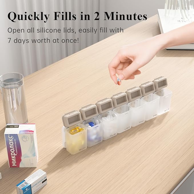 KOVIUU Weekly Pill Organizer, Magnetic Medicine Vitamin Case 1 Time a Day | Week Once Daily Supplement Box, Removable Medication Container Holder for Fridge, 7 Day Large Travel Pill Dispenser, Brown