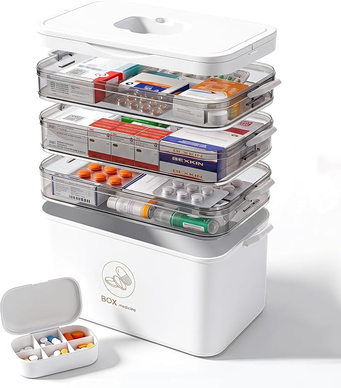 4-Tier Medicine Storage Organizer with Portable Pill Case, Portable First Aid Box with Removable Layers, Clear Medical Storage Box for Medicines, Vitamins & Emergency Supplies