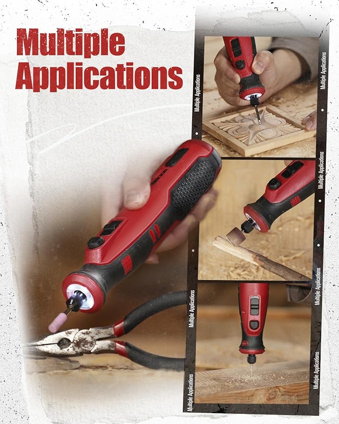 AVID POWER Cordless Rotary Tool 8V Rechargeable Rotary Tool, 4 Front LED Lights, 5 Speeds, 60 Pcs Rotary Tool Accessories with Bag for Carving, Engraving, Sanding, Polishing and Cutting (Dark Red)