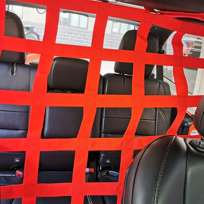 Rear Seat Dog Barrier Net Divider for Jeep Wrangler JK JL JT 2007-2025 | Fits Jeep Wrangler JK JL & Gladiator JT 2/4 Door, Red, Thickened Polyester Pet & Child Safety Barrier, No-Tool Install