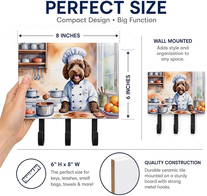 Caroline's Treasures Labradoodle The Chef Leash or Key Holder Wall Hooks, Key Hooks Holder, Coat Rack Wall Mount, Coat Hooks, Hooks for Hanging Keys, Towels, Aprons, Leashes | Labradoodle The Chef artwork on ceramic tile with three steel hooks for keys...