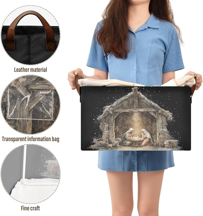 Black Christmas Nativity Scene Storage Basket Foldable Cube Storage Bins with Handles&Label Waterproof Organizer Box Bin Large Rectangle Decorative Baskets for Shelves Home Room Laundry Indoor