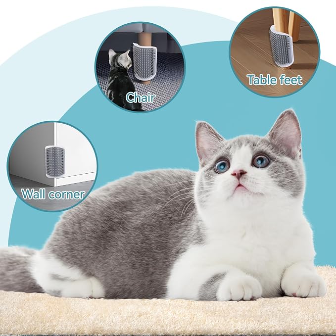 2Packs Cat Self Groomer, Wall Corner Scratcher With Catnip, Soft Brushes, Self Grooming Brush Wall Corner Massager Combs for Long Short Fur Kitten Indoor Cats (Grey)