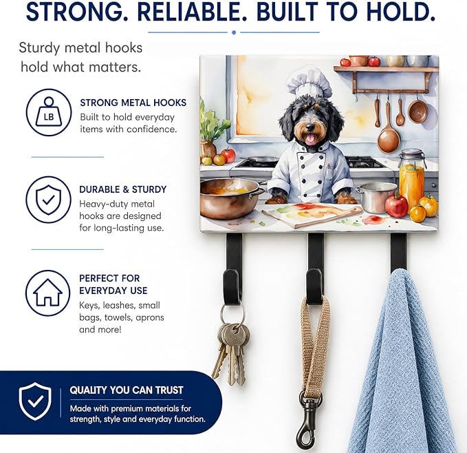 Caroline's Treasures Bernedoodle The Chef Leash or Key Holder Wall Hooks, Key Hooks Holder, Coat Rack Wall Mount, Coat Hooks, Hooks for Hanging Keys, Towels, Aprons, Leashes | Bernedoodle The Chef artwork on ceramic tile with three steel hooks for keys...