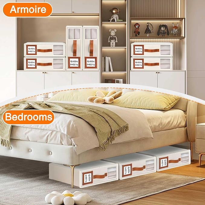 GhvyenntteS 12 Pack Bed Sheet Organizers and Storage, Sturdy Bed Sheet Organizer with Zipper and Handle, Foldable Linen Closet Organizers and Storage with Window and Label, Beige