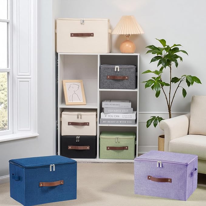 Storage Bins with Zipper Lid Decorative Lidded Storage Boxes | Collapsible Cotton Linen Fabric Storage Baskets, PU Leather Handle, Stackable Shelf Closet Organizer Container(Purple, Large)
