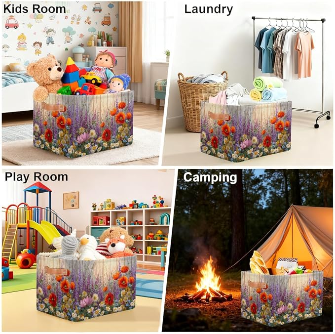 Pardick Storage Baskets Bin, Spring Flower Wood Collapsible Canvas Fabric Storage Bin Decorative Baskets Toy Organizer Rectangle Storage Boxes with handles for Home Shelves Nursery,A-3