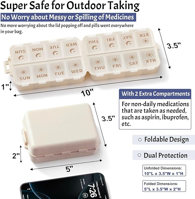 Compact & Foldable Weekly Pill Organizer 2 Time a Day, 7-Day AM PM Pill Box | Large Capacity, Dual Protection, Etched Labels- Week Daily Travel Vitamin Case Holder, Supplement Fish Oil Medicine Dispenser