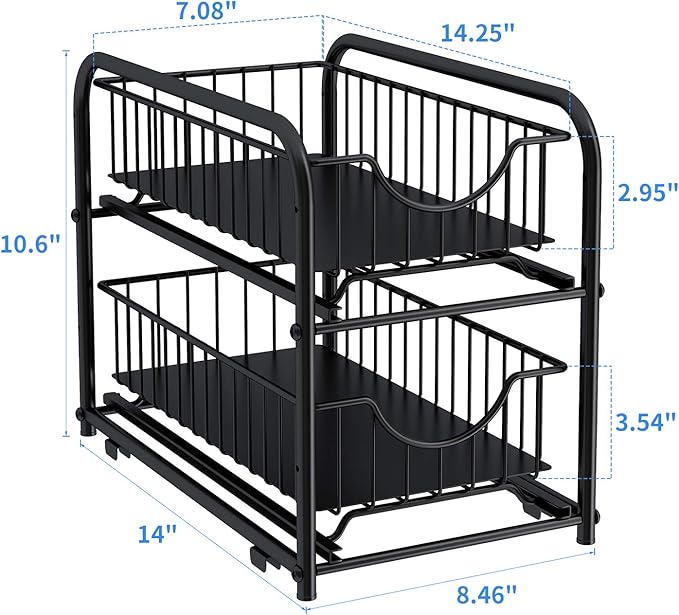 2-Tier Pull Out Organizer Under Sink Sliding Cabinet Rack,Black | Stackable Sliding Storage Drawer organizer with adjustable height and anti slip pad. Kitchen,Office or Cabinet Storage