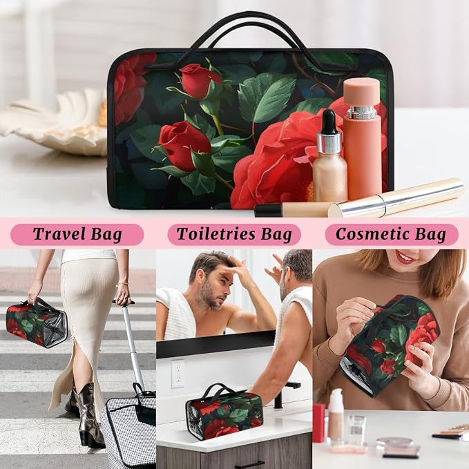 Red Rose Makeup Bag for Women Hanging Roll-Up Travel Organizer Toiletry Kit with 4 Removable Compartments, Red Floral Flower
