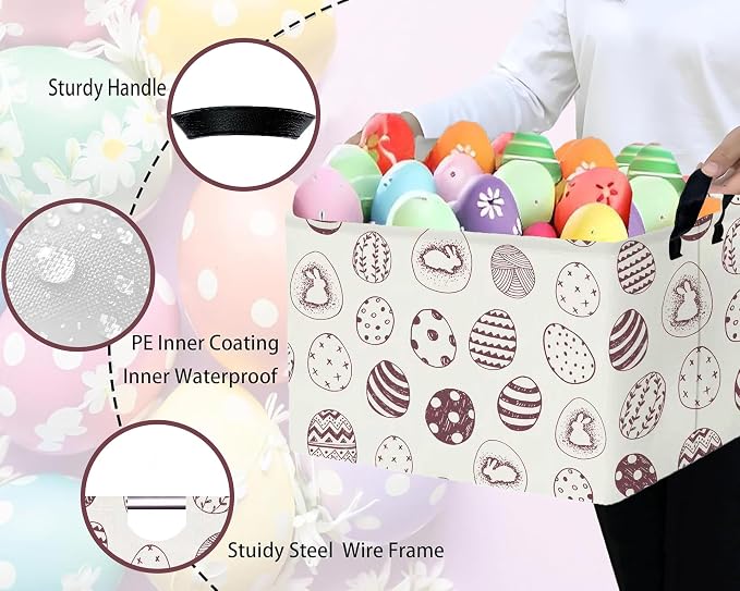 Large Rectangular Easter Baskets Empty Waterproof Boy Toy Box Foldable Kid's Gifts Storage Bin Spring Room Decor(Brown Egg)