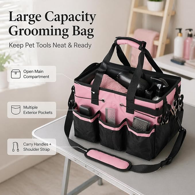 Portable Dog Grooming Bag 5 Compartments, Oxford Fabric Tote Bag for Dogs and Cats, Pet Storage Organizer for Grooming Tool Kit, Doggie Diaper Bag, Pet Stuff Oganizer with 8 Pockets