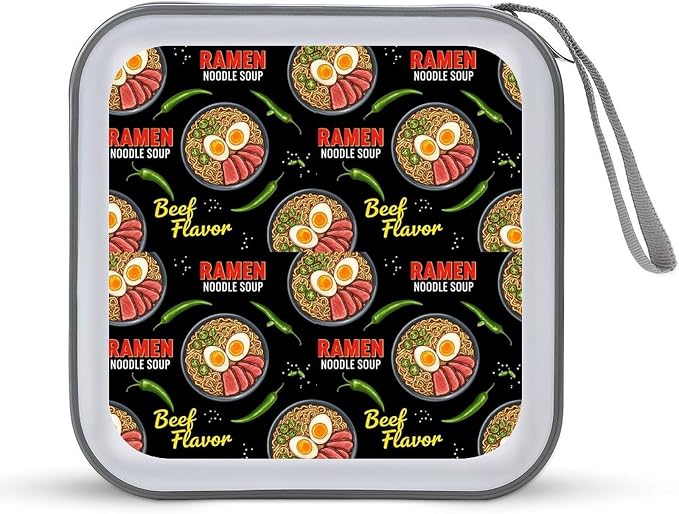 40-Disc CD/DVD Organizer Wallet Ramen Noodle Soup Beef Flavor, Heavy-Duty Hard Plastic Binder, Portable Storage Case with Carry Strap for Car