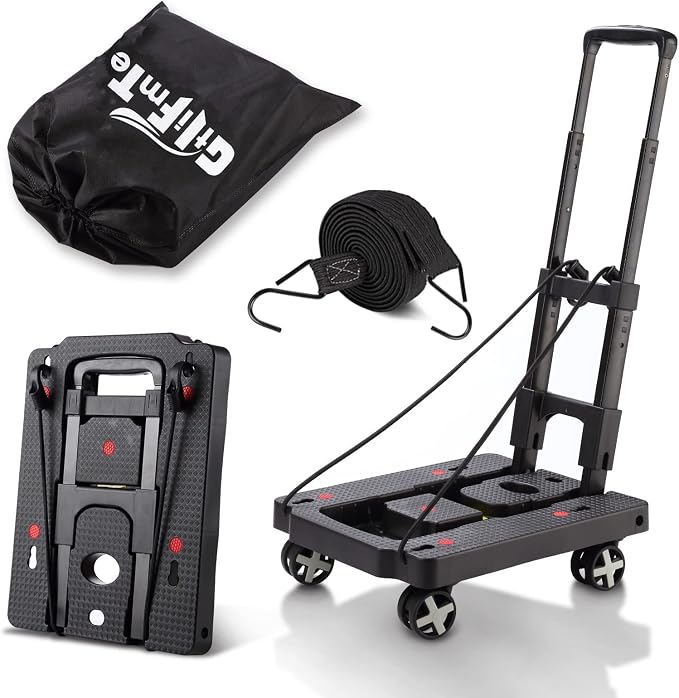 GtIiFmTe Foldable Hand Truck, Lightweight Luggage Cart for Airport Car Seat | Compact Folding dolly with Rotating swivel wheel,storage size12×15.7×4.1",300lbs Load,Upright Lock Handle with 3bungee cords