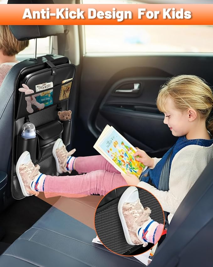 2 Pack Leather Car Backseat Organizer with Foldable Table Tray | Garbage Bag Hook, Protector Kick Mats for Kids, 8 Large-Capacity Pocket, Universal Car Seat Protector for Kids, Pets & Travel