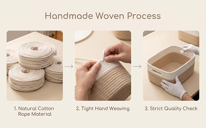 4 sets of hand-woven cotton rope storage boxes, suitable for toys, books, clothes, bathrooms, car trunks used for organizing decoration, Khaki color Two 16x14x7 in two 14x10x7in