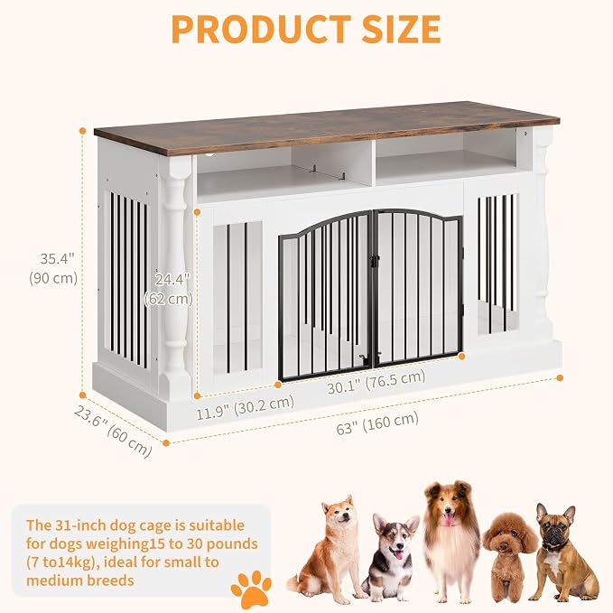 63" Large Dog Crate Furniture for Small & Medium Dogs, Roman Column Kennel Furniture with Semi-Open Storage, TV Stand Dog Cage Table, Heavy Duty Indoor Dog Kennel, White+Rustic Brown Top