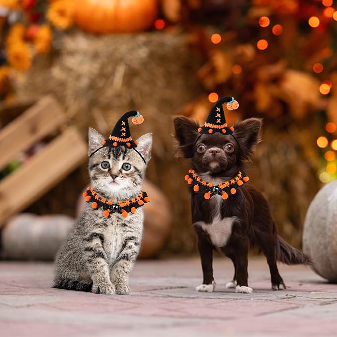 Kunyeah Halloween Pet Costume Set for Cats Small Dog Adjustable Knitted Hat Scarf Pumpkin & Witch Print Puppy Bib Cute Crochet Cat Collar Cap Pet Apparel Outfit (Orange-Ball)