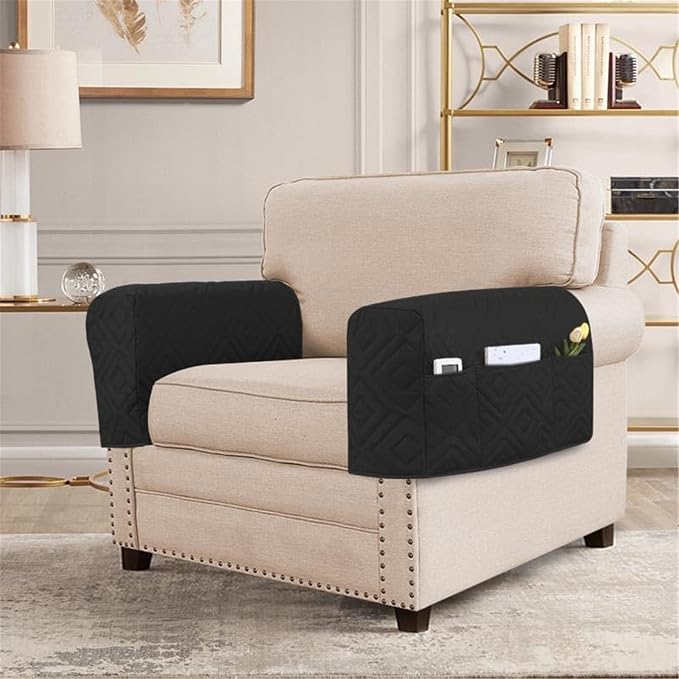 2Pcs Armrest Chair Covers for Sofa Waterproof Couch Arm Covers Armchair Covers for Arms Sofa Arm Covers Sofa Armrest Organizer for Magazine,Tablet,Phone (Black)