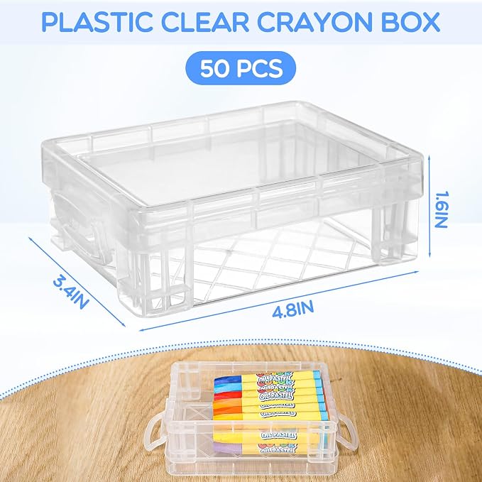 Suzile 50 Pcs Plastic Crayon Box with Lid 4.8 x 3.4 x 1.6, Clear | Small Crayon Storage Containers Bulk, for Office School Classroom, Art Crafts Pen Pencil Organizers, Back to School Supplies