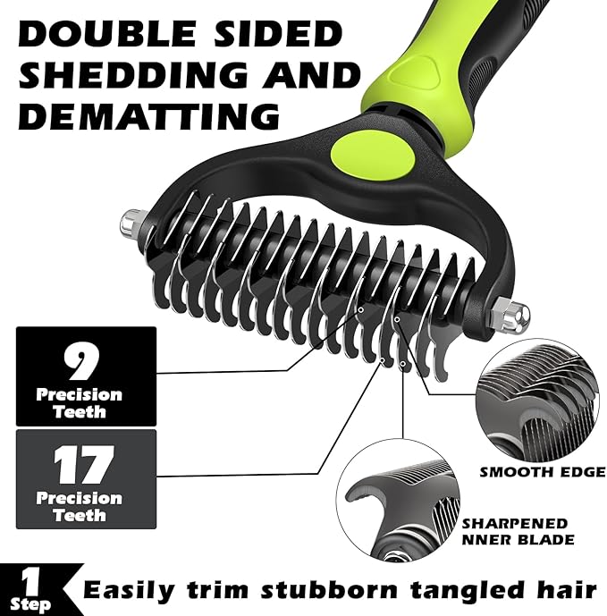 3PCS Self Cleaning Slicker Brush & Pet Grooming Rake & Flea Comb for Dogs,Cats and Horses | Double-Sided Dematting Comb & Skin Friendly Deshedding Grooming Tool (Green)