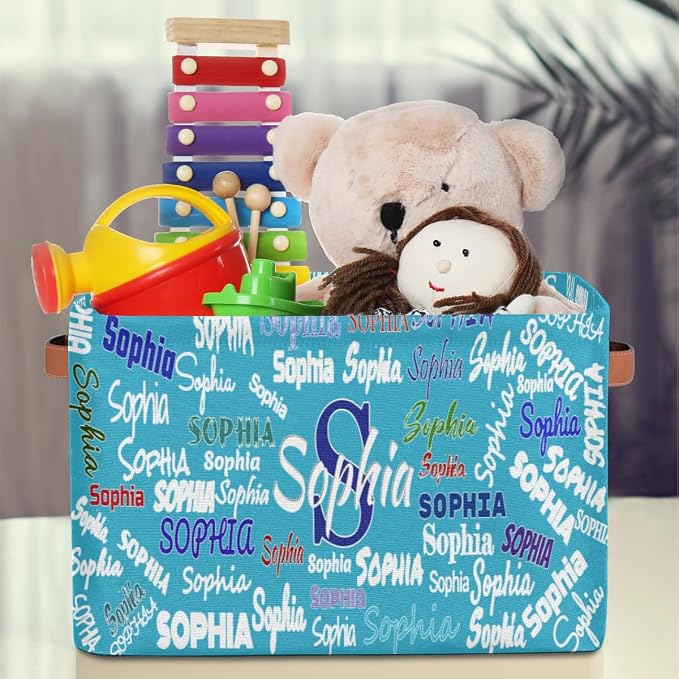 Custom Storage Baskets for Kids Name, Large Foldable Organizer Collapsible Storage Bin with Leather Handle for Home Toys Closet Nursery, Sea Blue Background