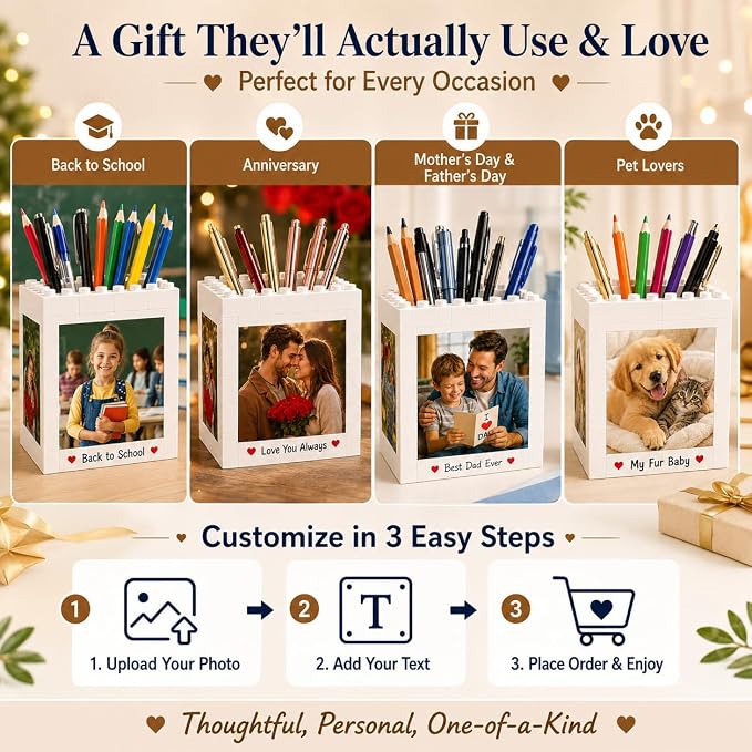 Custom Photo Building Blocks Pen Holder for Desk | 2-in-1 Personalized Photo Block Puzzle, Pencil Pot with 4-Side Image Text, Detachable Building Brick Picture Frame