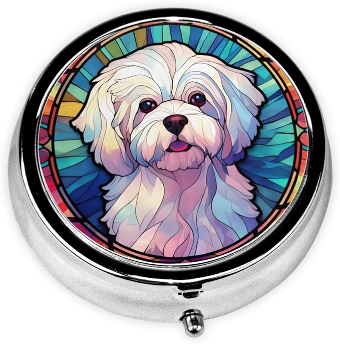Maltese Dog Small Box for Pill,3 Compartment Pill Case Travel Medicine,Portable Pocket or Purse Pill Organizer Container Holder Hold Vitamins, Medication, Fish Oil Supplements