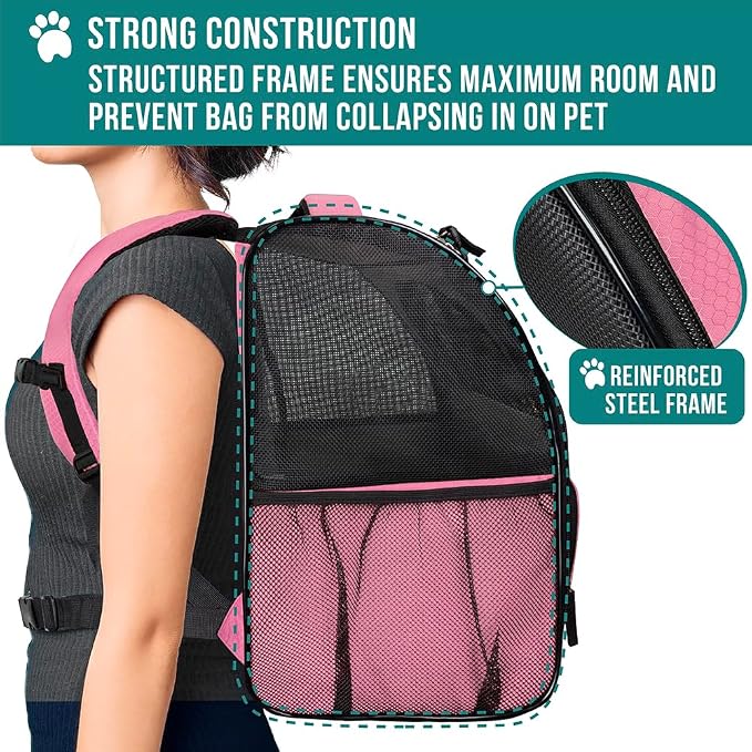 PetAmi Dog Backpack Carrier Airline Approved Cat Pet Puppy Bag, Pink | Ideal for Small Medium Large Pet up to 18 lb, 2 Side Entry Structured No-Collapse Frame, Ventilated Bookbag for Hiking Travel