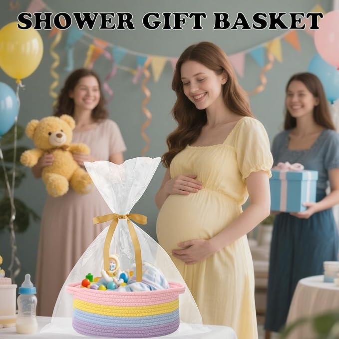 Woven Rope Basket,Baby Gift Basket with Bag & Ribbon, Rainbow | Cotton rope with handle, 12x8x5 in, gift bag and ribbon, for baby shower, birthday, toy storage, nursery, shelf decor