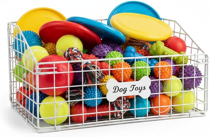 Metal Dog Toy Basket,White Pet Toy Organizer with Bone Label | Dog Toy Basket, Dog Toy Bin, Dog Toy Box