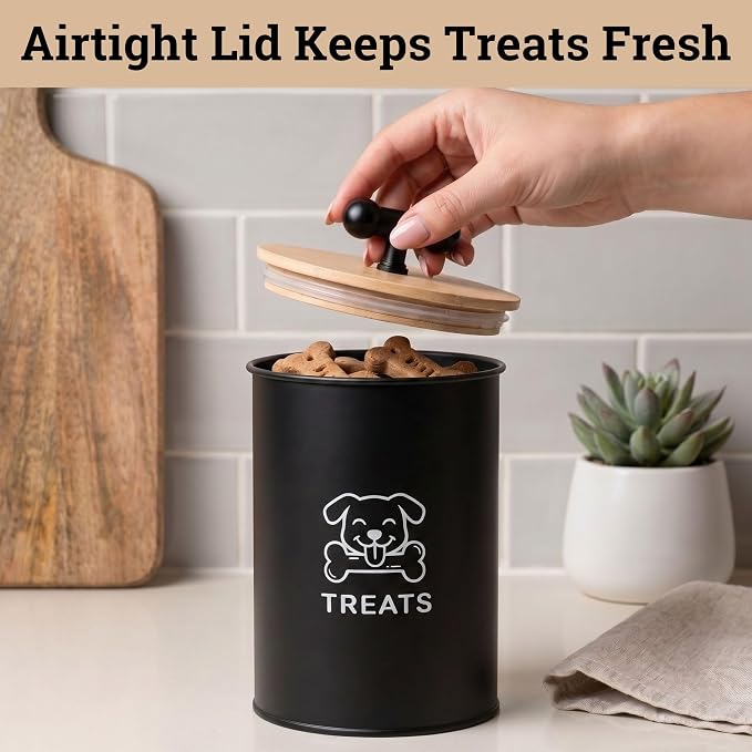 Dog Treat Container Airtight, 4.6"W x 6"H, Powder Coated, 6 Cup Capacity | Fits All Popular Treats, 6 Cup Capacity, Airtight Bamboo Lid, Easy Open Lid, Dent-Resistant Durable Metal Bone-Shaped Handle