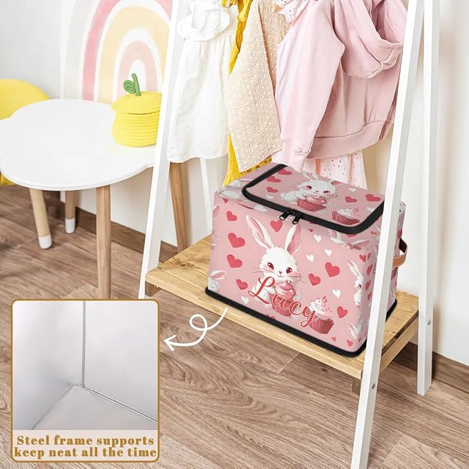 Custom Cute Rabbits Storage-Bin With Zipper Lid for Kids-Girls-Boys-Baby-Pet,Personalized Name Foldable Storage Box with Handle,Baby Basket With Label for Bedroom Nursery Toy Clothes,Pink