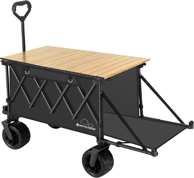 Whitsunday Collapsible Folding Wagon with Table, Heavy Duty Utility Beach Wagons with Opened Tailgate and All-Terrain Wheels for Camping,Garden,Sports (Max Black)