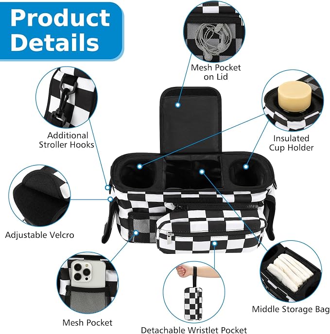 Accmor Universal Stroller Organizer with Insulated Cup Holder Detachable Phone Bag and Shoulder Strap,Stroller Bag Caddy Organizer for Uppababy, Baby Jogger, Britax Strollers